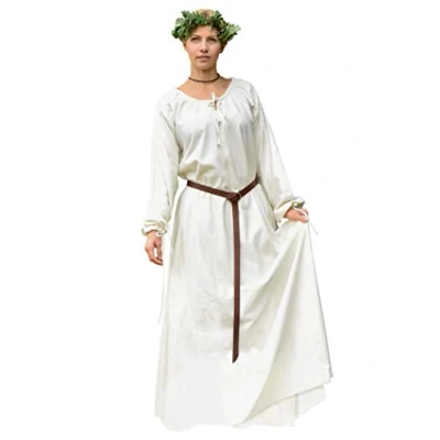 Afbeelding van Battle Merchant Middeleeuwse jurk Ana dames Vikingkostuum lange mouwen vloerlang katoen LARP gewaad, wit, rood, blauw, natuur, naturel, S