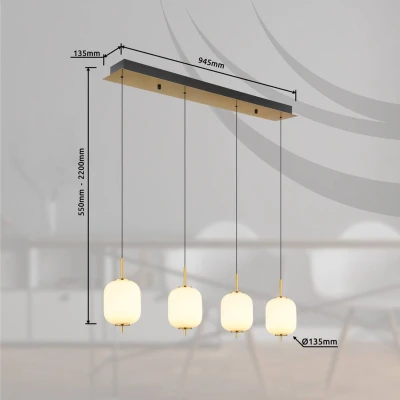 Afbeelding van Globo Gouden hanglamp Ewald 4 lichts wit glas 15217