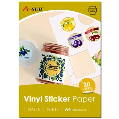 Afbeelding van A SUB Wit mat premium waterdicht bedrukbaar vinylstickerpapier, zelfklevende vinyllabels voor inkjetprinters, A4 formaat, 20 vellen