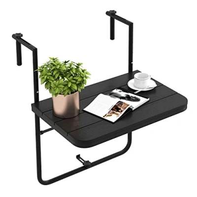 Afbeelding van COSTWAY Balkontafel om op te hangen, inklapbare balkonhangtafel met 3 traps verstelbare hoogte, klaptafel, hangtafel, weerbestendig, voor balkonleuningen, 60 x 40 cm, zwart