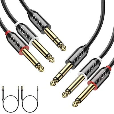Afbeelding van J&amp;D 1/4 Inch TRS Stereo Y Splitter Insteekkabel, (2 Stuks) Vergulde Koperen Schaal 6,35 mm Mannelijk Naar Dubbele TS Mannelijke Mono Breakout Kabel, Audiosnoer, 0.9 Meter