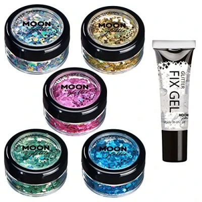 Afbeelding van Moon glitter in holografische vorm (pailletten maan), 100% cosmetische voor gezicht, lichaam, nagels, haar en lippen, 3 g, assortiment van 5 kleuren