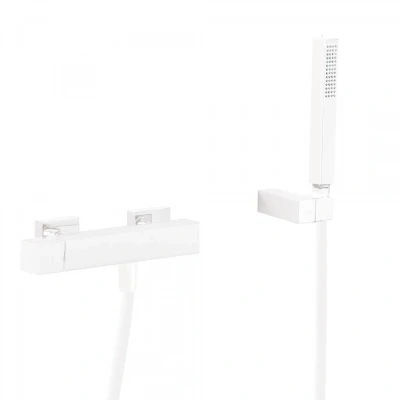 Afbeelding van Douchemengkraan Tres Cuadro Exclusive Opbouw Vierkant met Handdoucheset Mat Wit