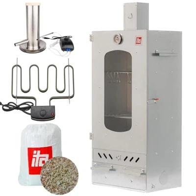 Afbeelding van ITA Elektrische Rookoven 7012 Smoker Set met Verwarming, Rookgenerator Rookkast Raam &amp; Schoorsteen Gelegeerd Staal EU Kwaliteit, Direct van de Fabrikant 81 cm 3 Niveaus