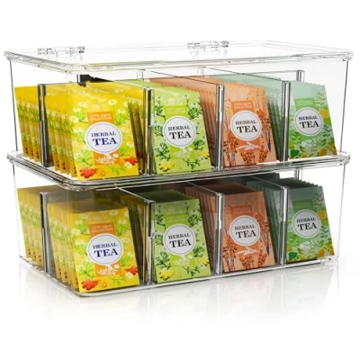 Afbeelding van KICHLY Theezak organizer, set van 2 stapelbare theezakjes, opbergorganizer met helder deksel, theezakhouder voor werkbladen, keukenkasten, voorraadkamers, zoetstoffen (transparant)
