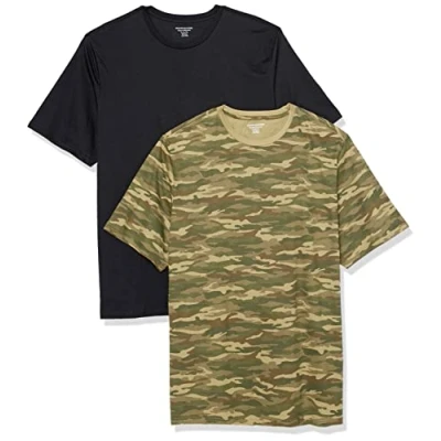 Afbeelding van Amazon Essentials Heren Regular Fit T shirt met korte mouwen en ronde hals, 2 stuks, zwart/camouflageprint, XS