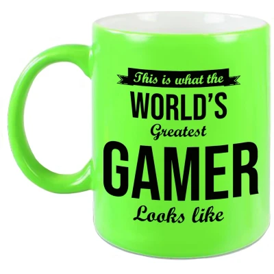 Afbeelding van Worlds Greatest Gamer cadeau mok / beker neon groen 330 ml feest mokken
