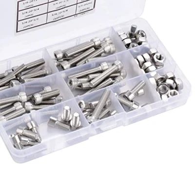 Afbeelding van 90 stks UNC Rvs Hex Socket Cap Head Machine Schroeven Precieze Bouten &amp; Moeren Assortiment Kit 1/4 20 Meerdere maten