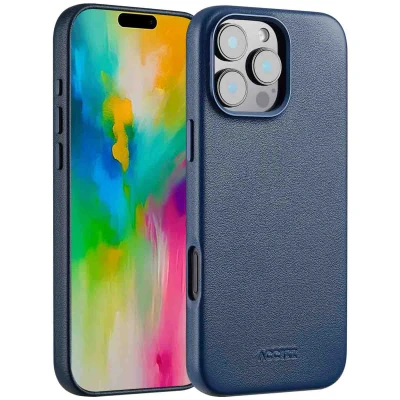 Afbeelding van Apple iPhone 16 Pro Max MagSafe Hoesje Echt leder Accezz Backcover Donkerblauw Telefoonhoesje