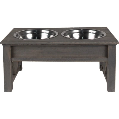 Afbeelding van Clayre &amp; Eef Voerbak Hond 2x500 ml Grijs Hout Ijzer Rechthoek Kat
