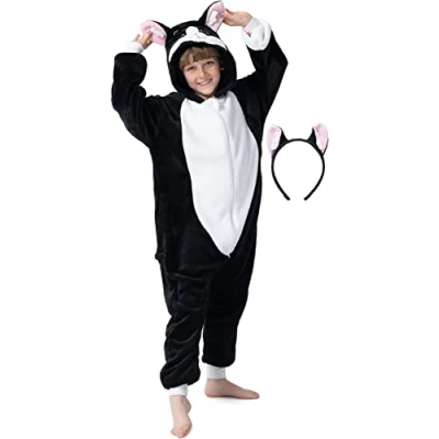 Afbeelding van corimori Wollig kattenkostuum voor kinderen met haarband carnavalskostuum onesie meisjes jongens lichaamslengte 110 130 cm