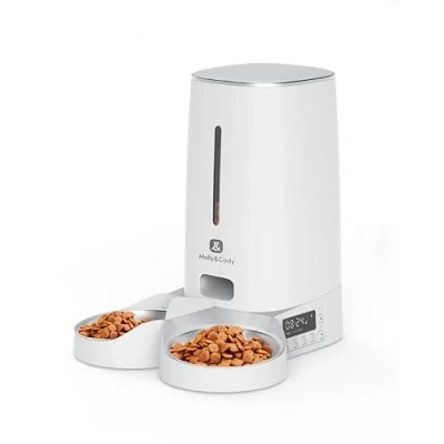 Afbeelding van Molly&amp;Cody Lucky Voederautomaat voor katten en honden, 4 liter container, automatische voerdispenser droogvoer, tijdschemavoering, 2 x voederbak, led display, toetsenblokkering, dubbele