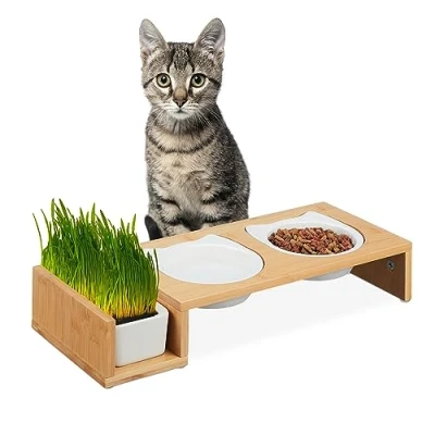 Afbeelding van Relaxdays verhoogde voerbak kat met kattengras bakje 2 keramische eetbakjes 400 ml