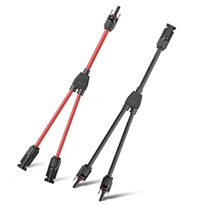 Afbeelding van Zonnekabel Y verdeler, zonne aftakkadapter solar PV paralleladapter (1 tot 2), zonnepaneelkabel aftakking, parallelle connector, MMF+FFM voor fotovoltaïsche aansluiting, 1 rood + zwart