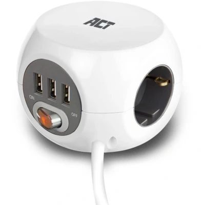 Afbeelding van Stekkerdoos 3 voudig ACT 1.5 meter (3x USB A, Schakelaar, Wit)