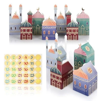 Afbeelding van CraftWerk Ramadan kalender, dozen, 30 kleurrijke huizen met stickers om neer te zetten en decoreren, herbruikbare Eid Mubarak geschenkdoosjes vullen, voor kinderen volwassenen