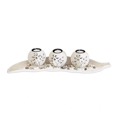 Afbeelding van Relaxdays waxinelichthouder set, bladvormige schaal, sierstenen, sfeervolle tafeldecoratie, kaarshouder, beige wit