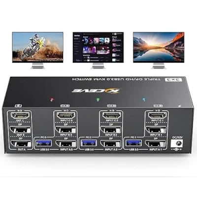 Afbeelding van MLEEDA HDMI+2 DisplayPort KVM Switch 3 PC Monitoren 8K@60Hz 4K@144Hz, USB 3.0 Monitor Voor Share en 4 Apparaten met 12 V Voeding, Kabelcontroller, * Kable