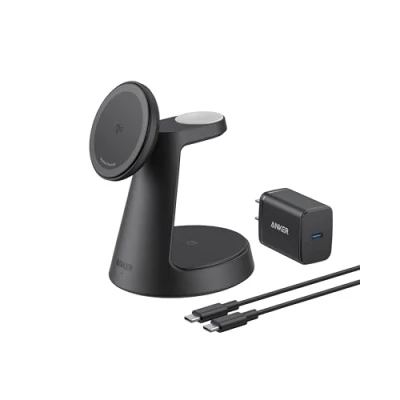 Afbeelding van Anker MagGo 3 in 1 15 W MagSafe compatibele oplader, iPhone inductief laadstation, Qi2 gecertificeerde draadloze oplader voor 16/15/14/13/12, Apple Watch, AirPods Pro en meer (adapter