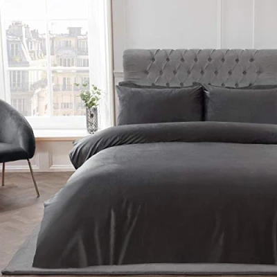 Afbeelding van Sleepdown Matt Velvet Charcoal Grey Luxe Super Soft Easy Care Effen Dekbedovertrek Quilt Beddengoed Set met Kussenslopen Dubbel (200cm x 200cm)