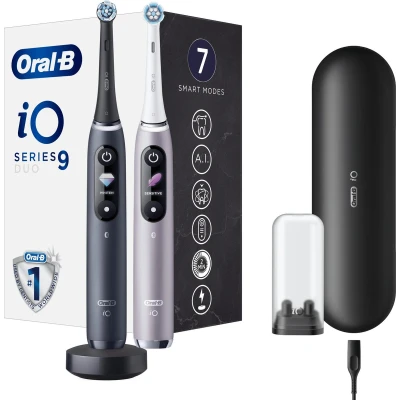 Afbeelding van Oral B iO 9 Duopack Elektrische tandenborstel, oplaadbaar, met 2 handgrepen van kunstmatige intelligentie, zwart en rozenkwarts, borstels reiskoffers
