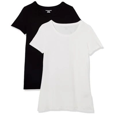Afbeelding van Amazon Essentials Women&#039;s T shirt met korte mouwen en ronde hals in klassieke pasvorm, Pack of 2, Wit/Zwart, XL