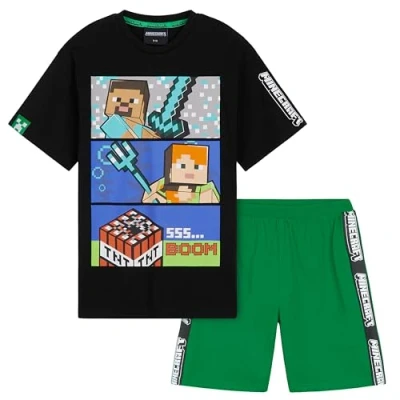 Afbeelding van Minecraft Korte pyjamaset voor jongens, comfortabele katoenen loungekleding cadeaus gamers (Zwart/Groen, 9 10 Jaar)