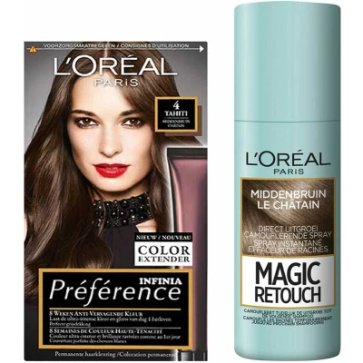 Afbeelding van L&#039;Oréal Preference Haarkleuring 04 Tahiti Middenbruin + Magic Retouch Uitgroeispray 75 ml Pakket