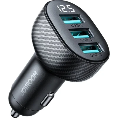 Afbeelding van Joyroom Autolader Met 3x USB A Display 3.4A Zwart