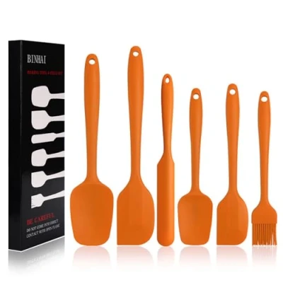Afbeelding van BINHAI set siliconen spatels, oranje, 6 stuks, niet klevende rubberen spatel met roestvrijstalen kern, hittebestendige spatel, keukengerei voor koken, bakken en mixen