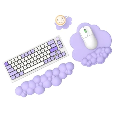 Afbeelding van MAMBASNAKE Cloud muismat en Toetsenbord Polssteun Ondersteuning set met Onderzetter, Comfortabel Memory Foam Polskussen Antislip Basis, Ergonomisch Paars