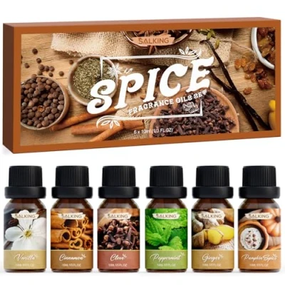 Afbeelding van SALKING Set etherische oliën voor herfst, aromatherapie, geurolie, cadeauset, geuroliën diffuser, luchtbevochtiger, 6 x 10 ml vanille, kaneel, kruidnagel, pompoenkruiden, pepermunt en gember