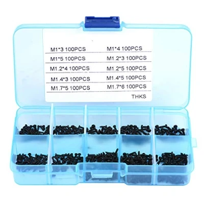 Afbeelding van 1000 stuks kleine zwarte schroeven kruiskop zelftappende assortiment kit M1 M1.2 M1.4 M1.7 met een kunststof opbergdoos