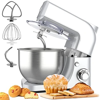 Afbeelding van keukenmachine, kneedmachine, roermachine, multifunctioneel, 6 snelheden, met roestvrijstalen kom, kneedmachine garde, deeghaak, klopbezem (herbruikbaar)
