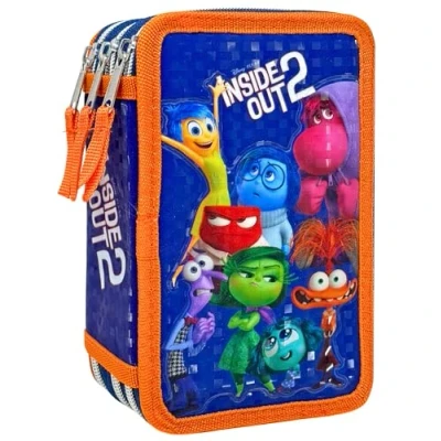 Afbeelding van Clondo Pennenetui 3D 3 vakken voor kinderen, drievoudig gevuld, 44 accessoires de basisschool, ritssluitingen, 20 cm, liniaal, kleurpotloden, viltstiften, Binnen Out25, pennenhouder