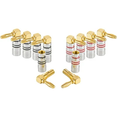Afbeelding van Poppstar 10x High End Bananenstekker Hoekig, voor Luidsprekerkabel (tot 6 mm²), Speakers, Luidspreker, AV Receiver, 24k Vergulde Contacten (5x zwart, 5x rood)