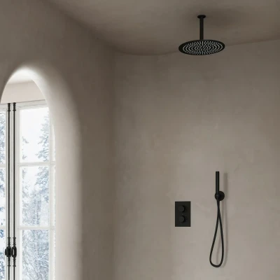 Afbeelding van Saniclear Nero inbouw regendouche mat zwart met plafond arm 20cm hoofddouche