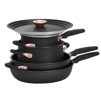 Afbeelding van Meyer Accent Inductie Kookplaat Pan Set Non Stick 6 Stuk Stapelbare Potten en Pannen met Universele Deksels &amp; Anti Spill Vorm, Zwart, Roestvrij Staal