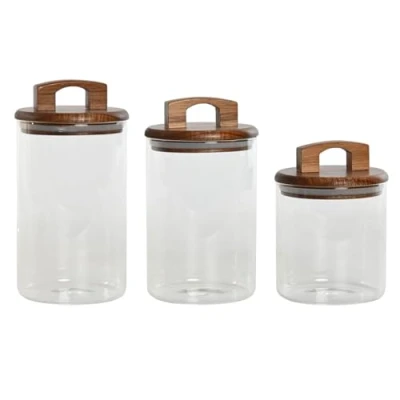 Afbeelding van Set van 3 Potjes Home ESPRIT Bruin Transparant Acacia Borosilicaatglas 650 ml 900 1 L Onderd...