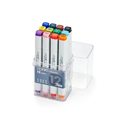 Afbeelding van COPIC Classic Marker Basic Set met 12 kleuren, professionele layout markers, op alcoholbasis, in praktische acryl display voor opslag en eenvoudige verwijdering