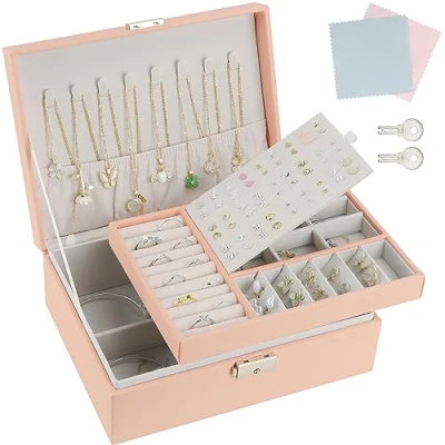 Afbeelding van TEIVUL Sieradendoos, 2 laags PU lederen sieradendoos organizer met sleutels en reinigingsdoek, geschikt voor ringen, oorbellen, kettingen, armbanden accessoires, geschenken vrouwen