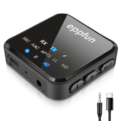 Afbeelding van eppfun AK3046C Bluetooth 5,2 audio Zender ontvanger voor TV/Home Entertainment, Qualcomm aptX Adaptive HD Low Latency adapter 2 Hoofdtelefoons (AUX, RCA, USB) 12 uur speeltijd
