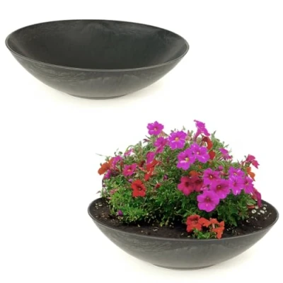 Afbeelding van Matches21 Weerbestendige plantenschalen voor buiten, twee grote decoratieve schalen in zwart gemarmerd als bloemenschalen, platte 35 cm tuinschalen bloemen, bonsai of begraafplaats, grafsieraden