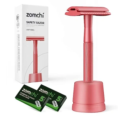 Afbeelding van ZOMCHI veiligheidsscheermes voor dames, met een scheermesstandaard, scheermes heren 10 messen, vrij van plastic (licht koraalscheermes)