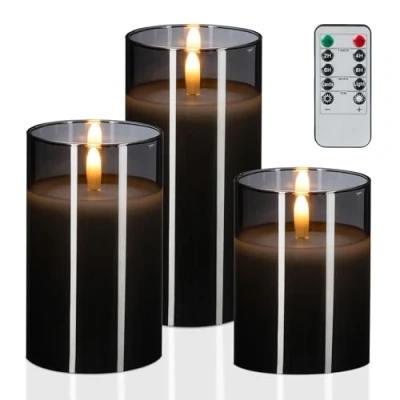Afbeelding van led stompkaarsen in glas set van 3 met afstandsbediening grijs