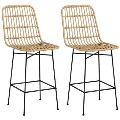 Afbeelding van HOMCOM barkruk 2 delige set, barstoel, met rugleuning van PE rotan, balstoelen in boho design, keukenkruk voor keuken, eetkamer, staal, geel