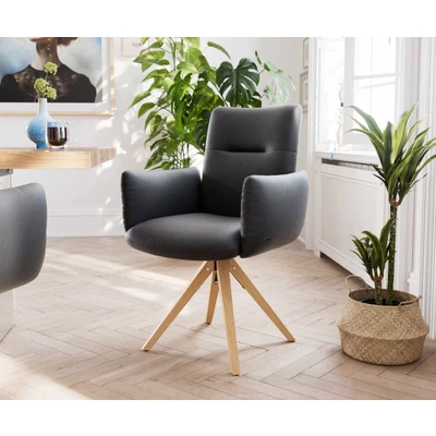 Afbeelding van DELIFE Draaistoel Jova Flex met armleuning echt leer zwart houten frame hoekig natuur pocketveer kern 180 draaibaar