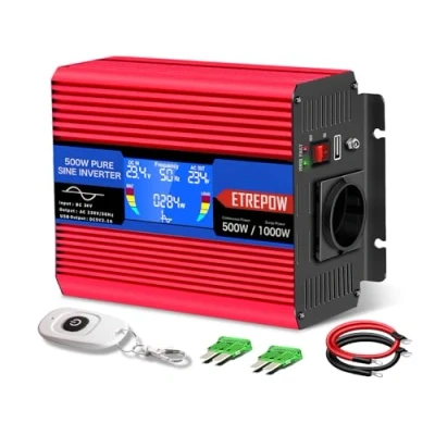 Afbeelding van ETREPOW omvormer 24v naar 230v zuivere sinus 500W Spanningsomvormer inverter met 2 EU Stopcontacten, USB interface, LCD display