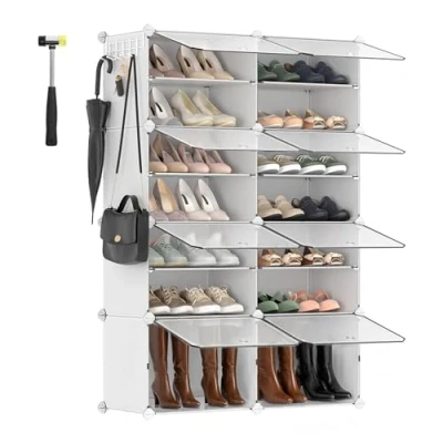 Afbeelding van SONGMICS Schoenenrek met 8 vakken, schoenenkast, 30 x 40 cm per vak, smal, deuren, stalen frame, kunststof, voor hal, slaapkamer, entree, wit LPC034W01