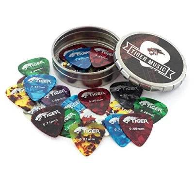 Afbeelding van TIGER Gitaar Plectrums met Pick Tin, Medium Picks Celluloïde Pack of 25 Gevarieerd